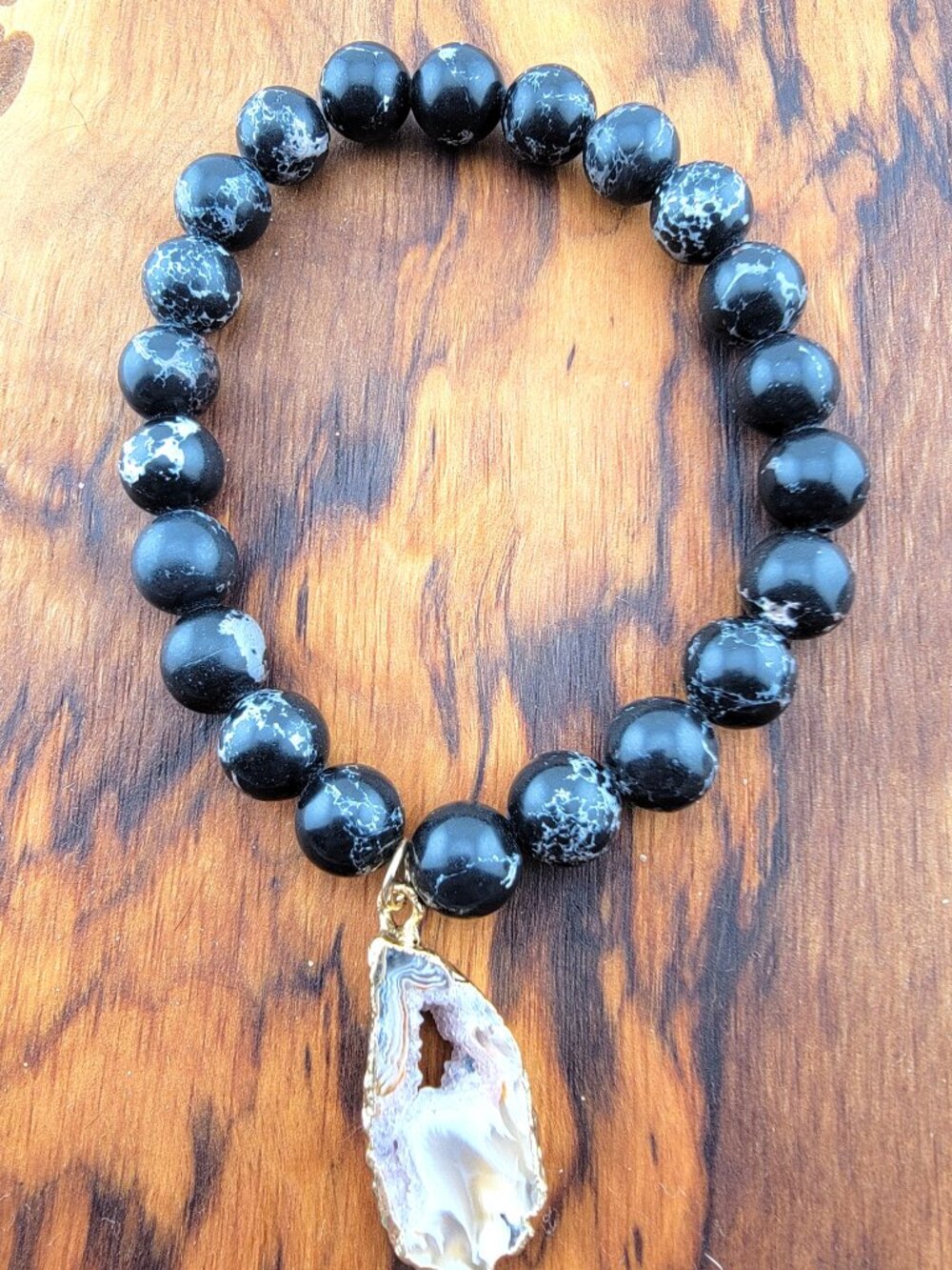 3/$30 🖤 Black Jasper Bracelet w/ Druzy Agate Pendant | Marbled Stone Statement